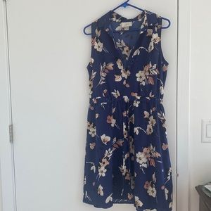 Ann Taylor Loft Dark Blue Sleeveless Floral Shirtdress Size 12 Petite